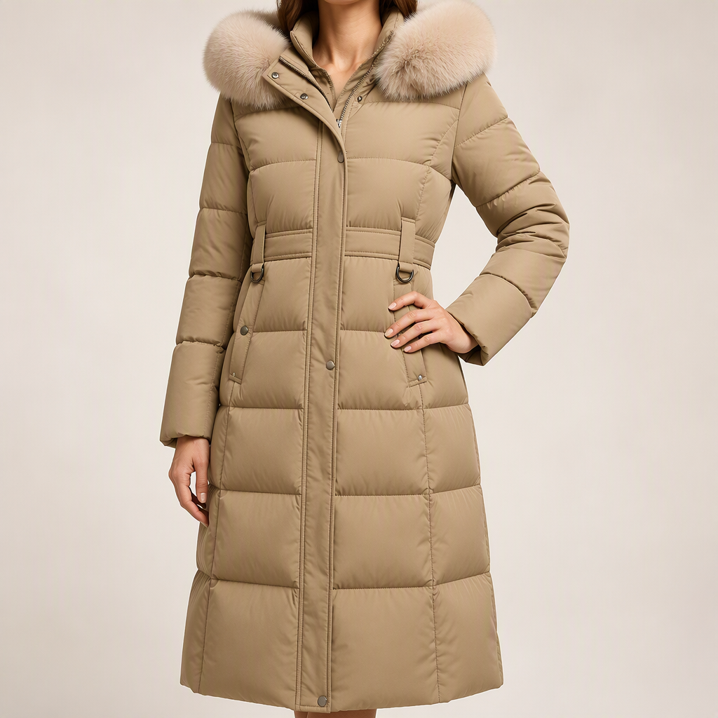 Constantine Womens Long Hooded Fur Collar Padded Winter Coat, Khaki