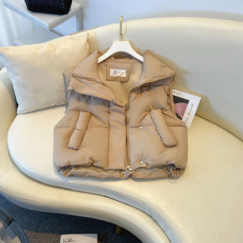 Cora | Womens Cropped Stand Collar Puffer Vest, Khaki