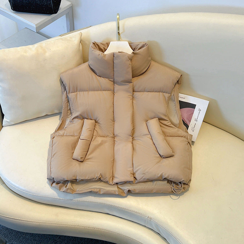 Cora | Womens Cropped Stand Collar Puffer Vest, Khaki
