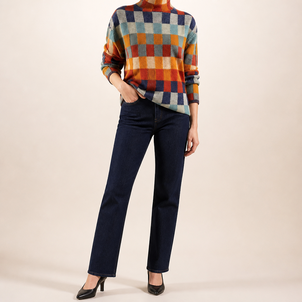 Coralie | Womens Knitted Jumper Checkerboard Long Sleeve Pullover Sweater, Multi