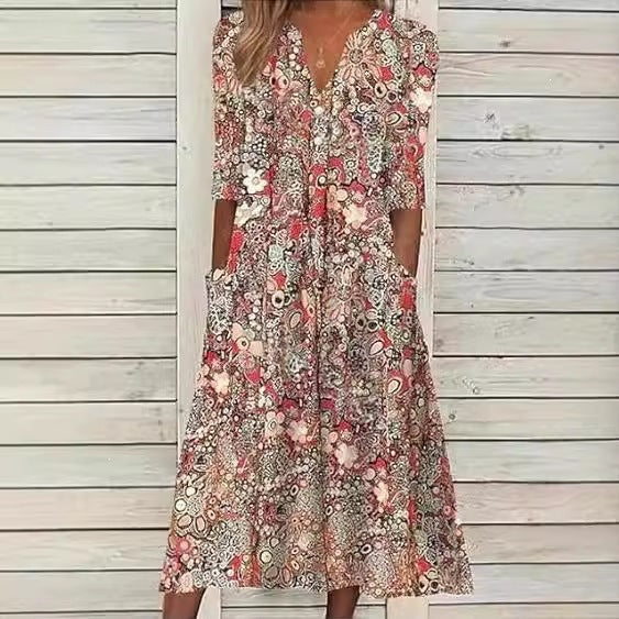 Coraline | Womens V Neck Printed Vacation Dress with Pockets - 1