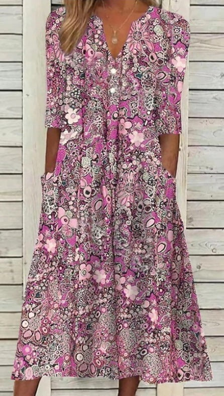Coraline | Womens V Neck Printed Vacation Dress with Pockets - 10