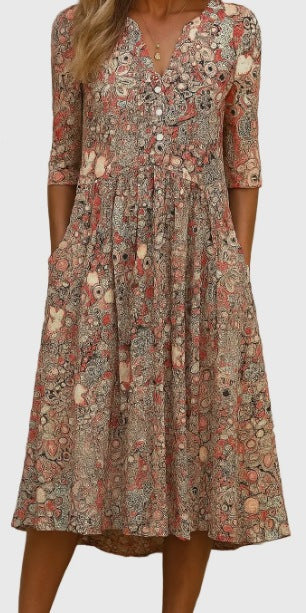 Coraline | Womens V Neck Printed Vacation Dress with Pockets - 12