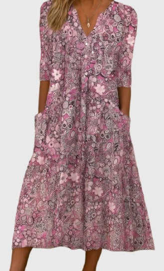 Coraline | Womens V Neck Printed Vacation Dress with Pockets - 13