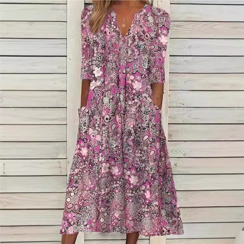Coraline | Womens V Neck Printed Vacation Dress with Pockets - 3