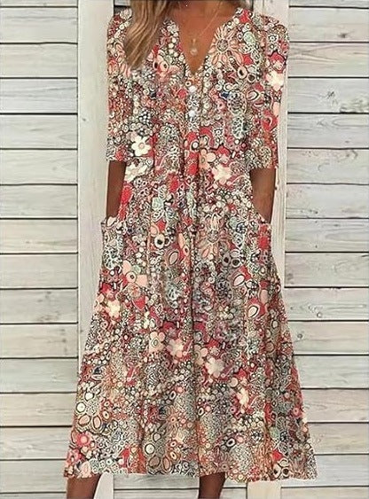 Coraline | Womens V Neck Printed Vacation Dress with Pockets - 5