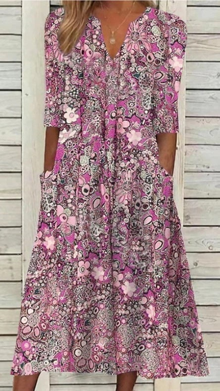 Coraline | Womens V Neck Printed Vacation Dress with Pockets - 7