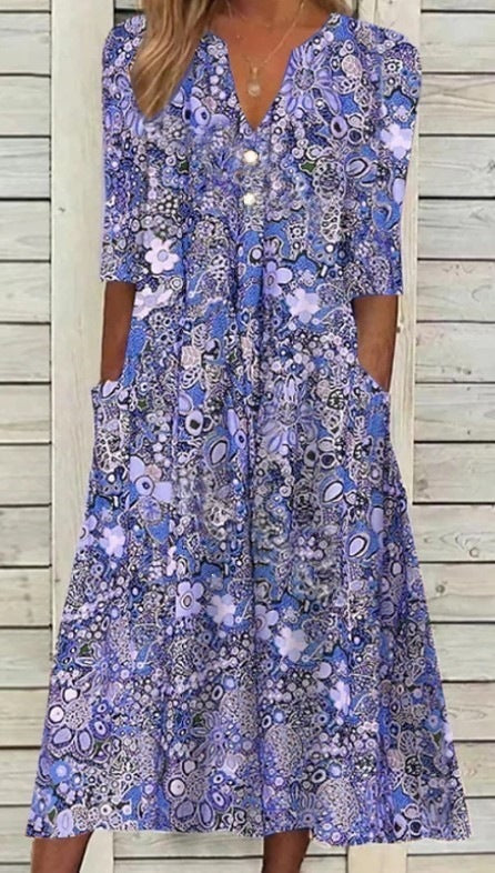 Coraline | Womens V Neck Printed Vacation Dress with Pockets - 9