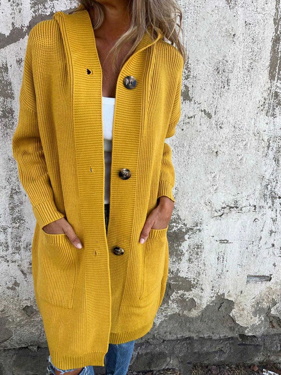 Cordelia | Womens Long Hooded Knit Cardigan Pocket Button Jacket - 2