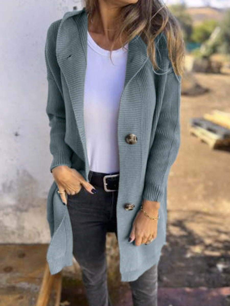 Cordelia | Womens Long Hooded Knit Cardigan Pocket Button Jacket - 3