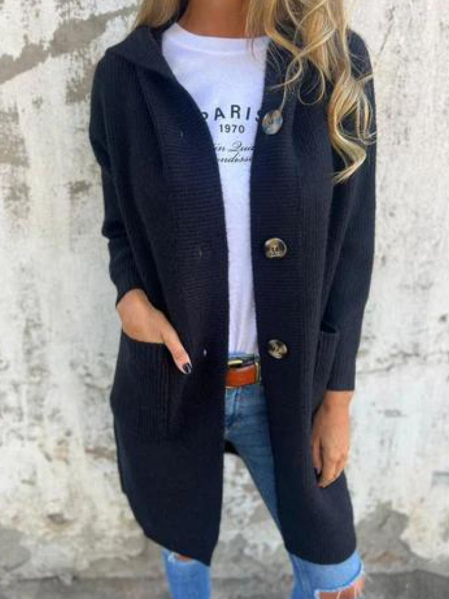 Cordelia | Womens Long Hooded Knit Cardigan Pocket Button Jacket - 5