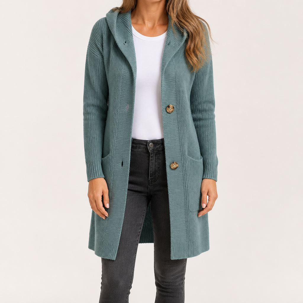Cordelia | Womens Long Hooded Knit Button Pocket Cardigan Jacket, Dark Green
