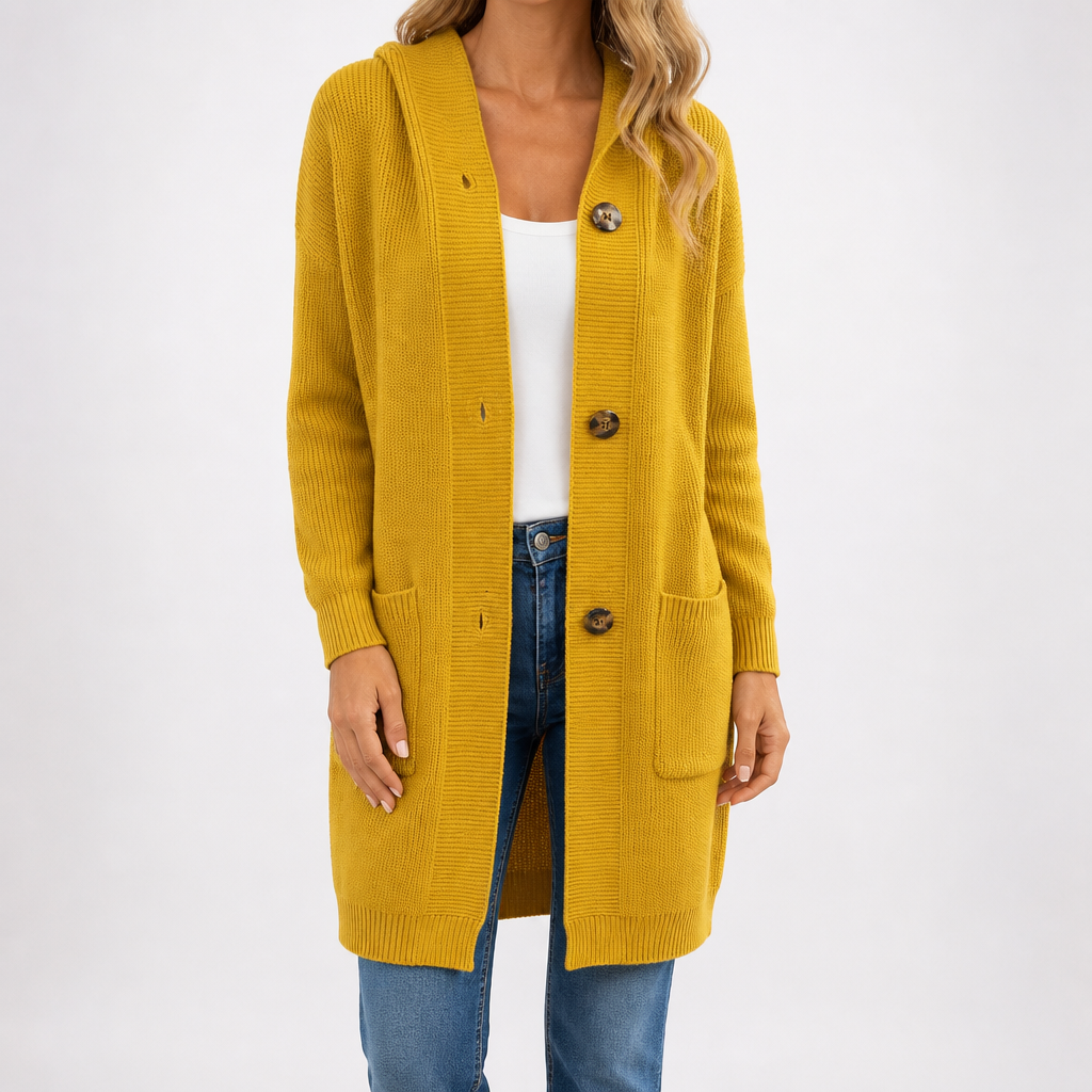 Cordelia | Womens Long Hooded Knit Button Pocket Cardigan Jacket, Yellow