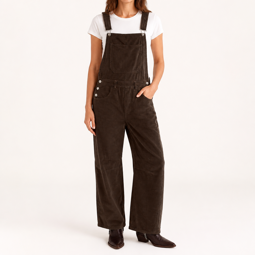 Coretta | Womens Corduroy Casual Adjustable Strap Vintage Overalls Dungarees, Brown