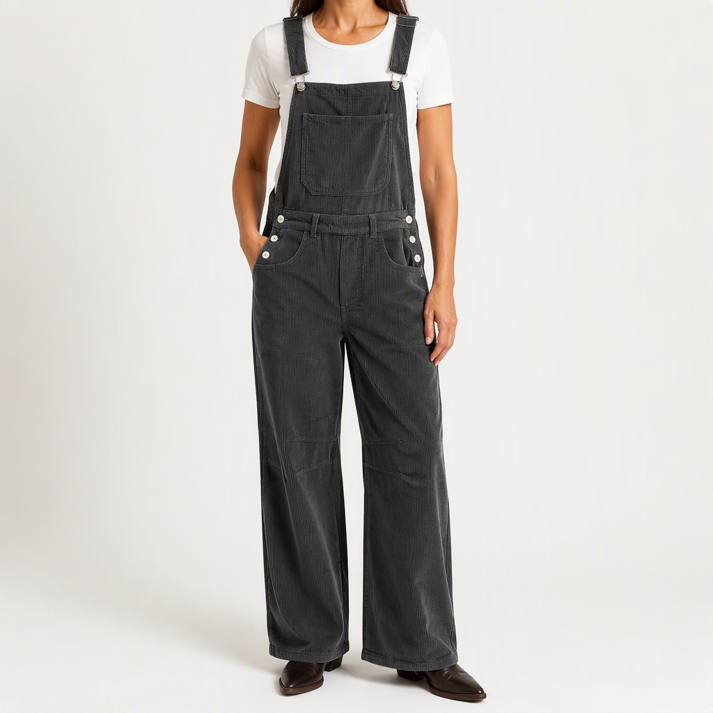 Coretta | Womens Corduroy Casual Adjustable Strap Vintage Overalls Dungarees, Dark Grey