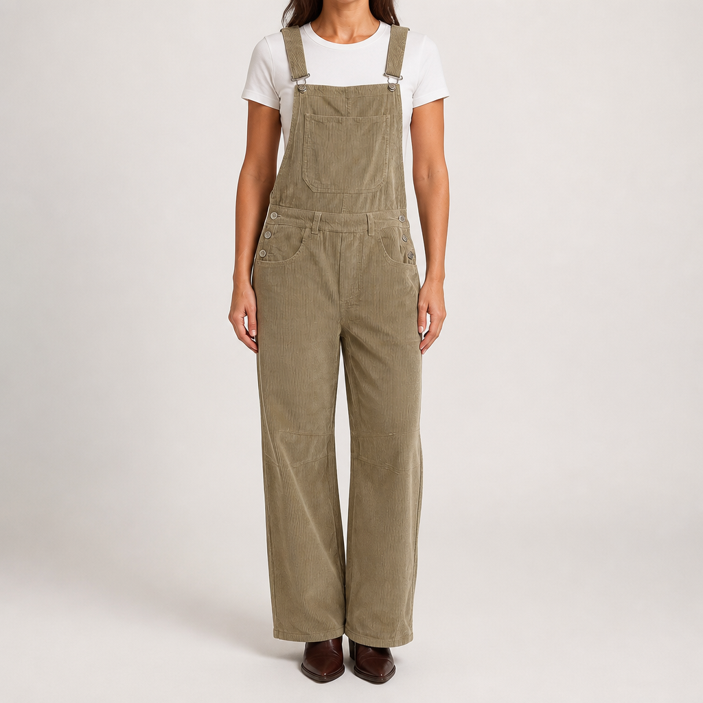 Coretta | Womens Corduroy Casual Adjustable Strap Vintage Overalls Dungarees, Khaki