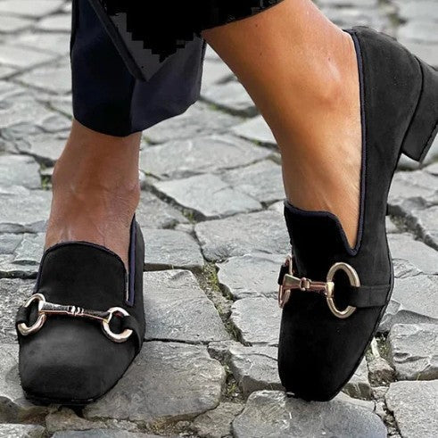 Corinne | Womens Square Toe Buckle Suede Black Loafers - 3