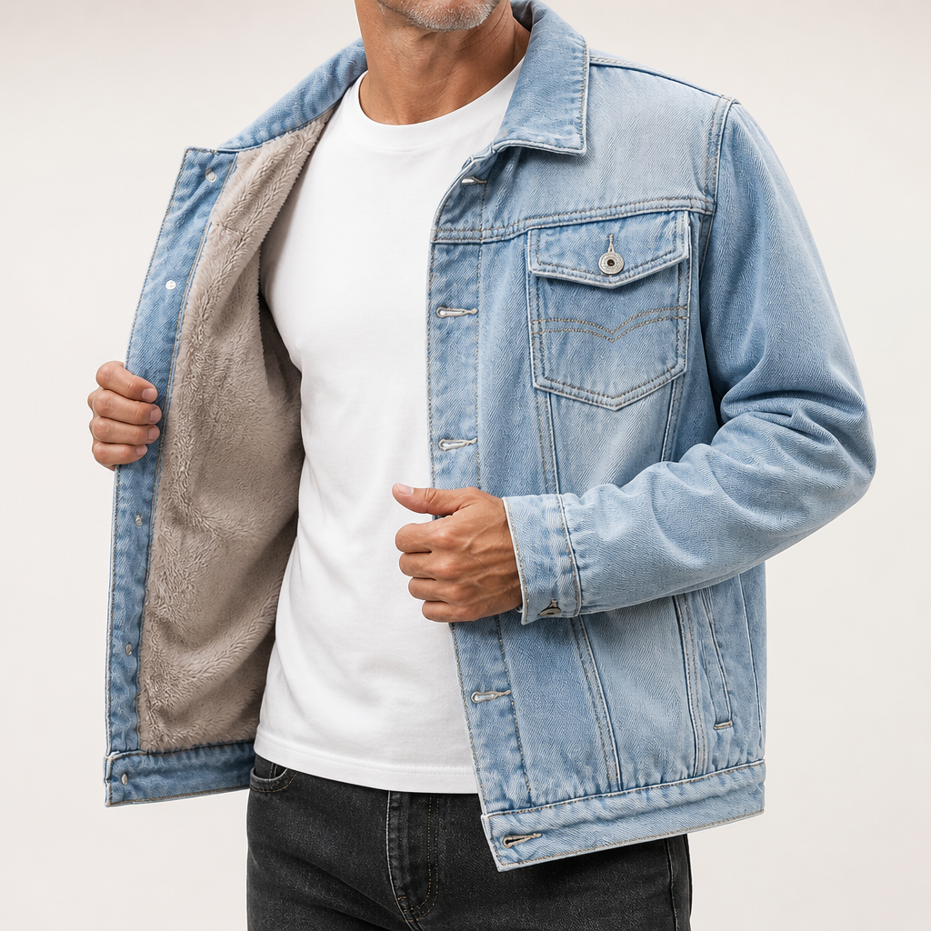 Cormac | Mens Fleece Lined Denim Jean Casual Jacket, Light Blue