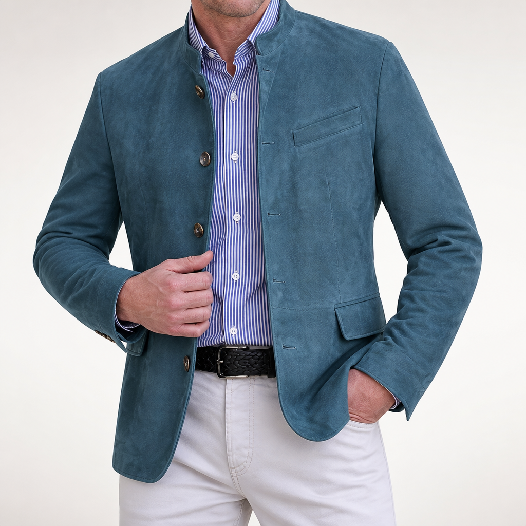 Cormac | Mens Suede Suit Casual Mid Length Smart Jacket, Blue