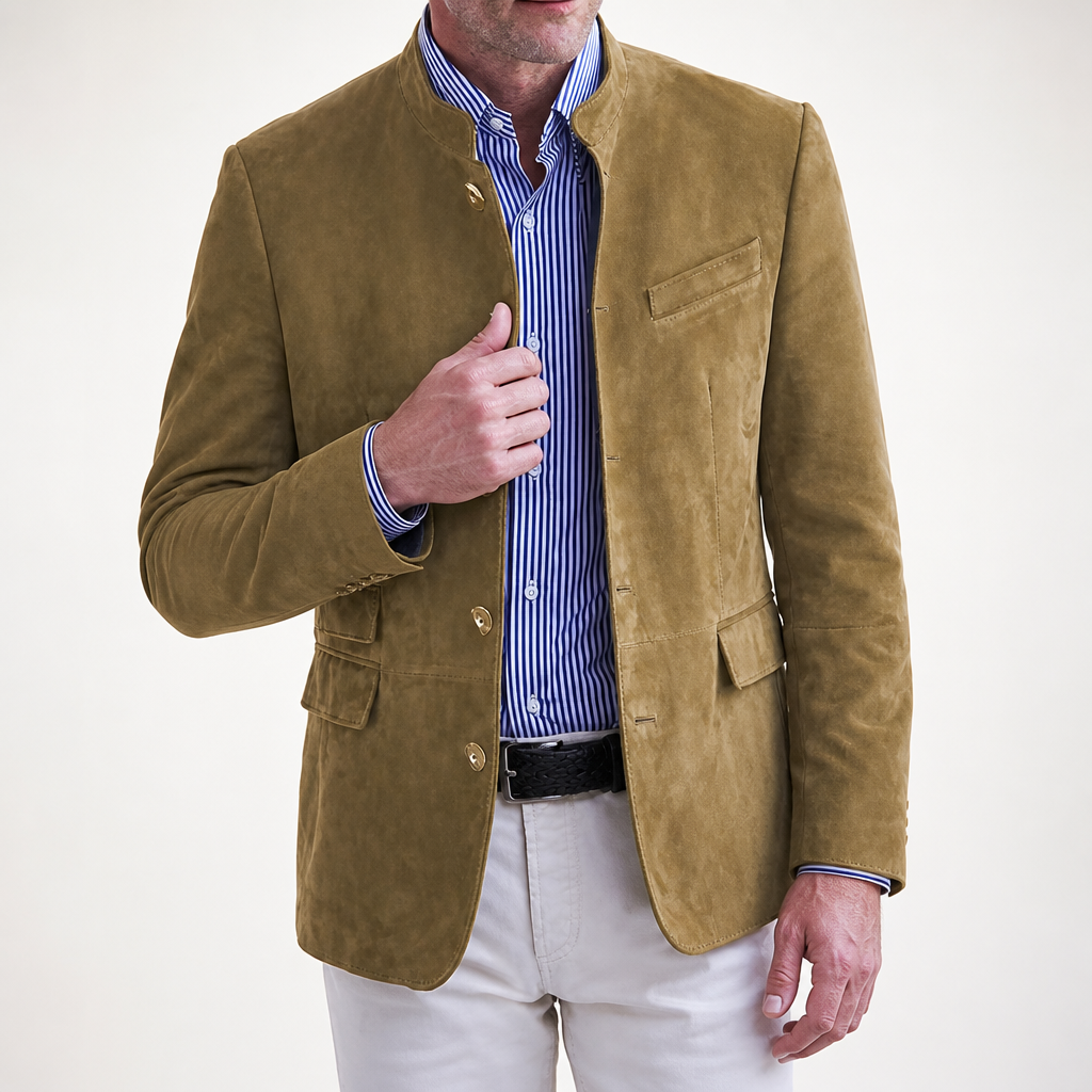 Cormac | Mens Suede Suit Casual Mid Length Smart Jacket, Khaki