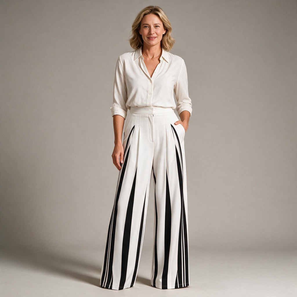 Cosima | Womens Wide Leg Trousers High Waisted Striped Dress Palazzo Pants - Black