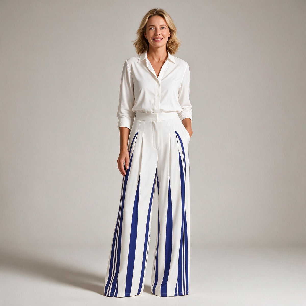 Cosima | Womens Wide Leg Trousers High Waisted Striped Dress Palazzo Pants - Blue
