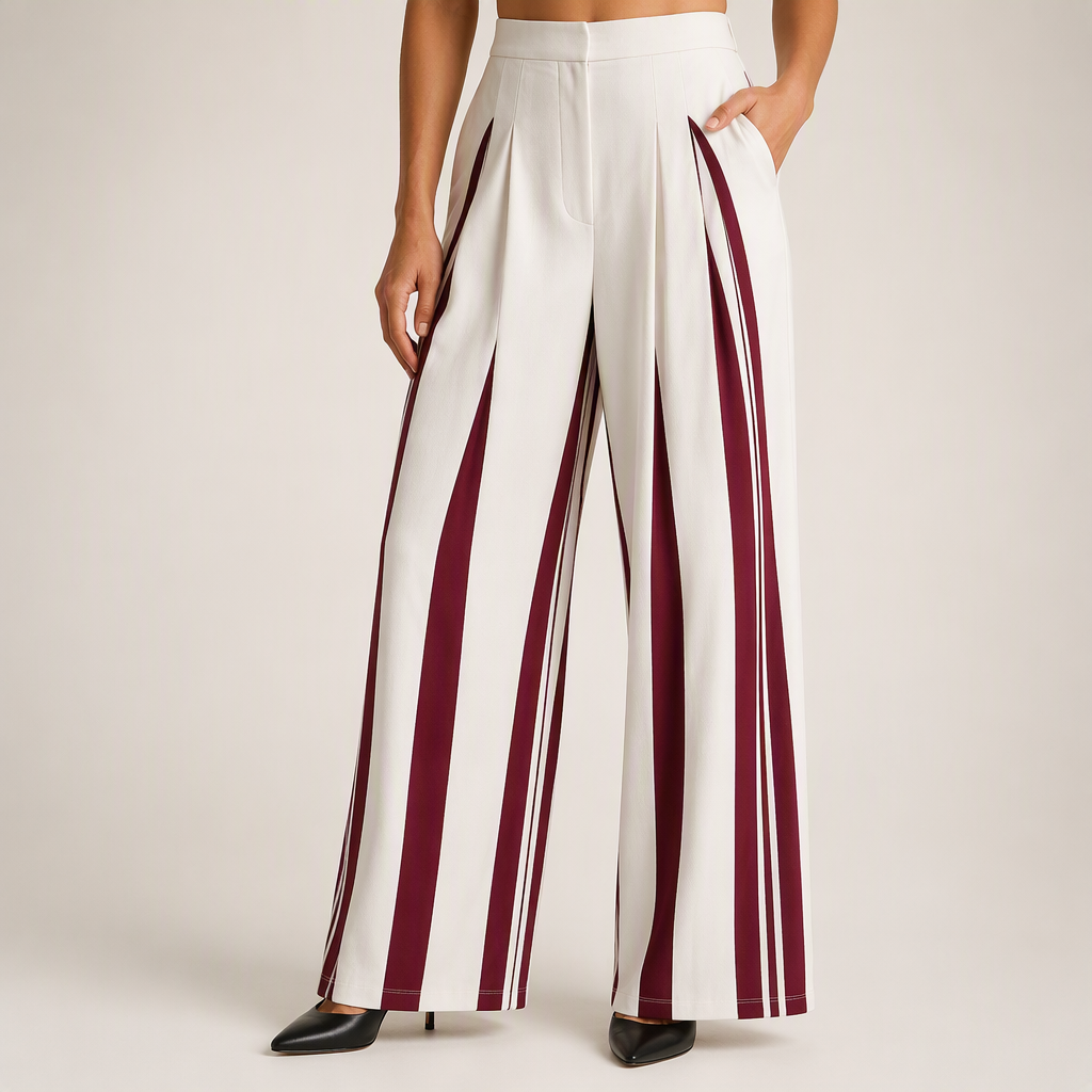 Cosima | Womens Wide Leg Trousers High Waisted Striped Dress Palazzo Pants, Burgundy