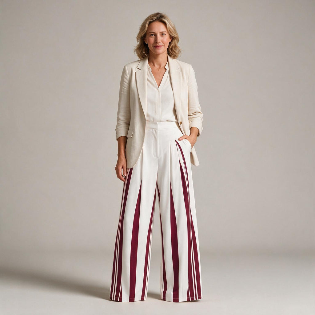Cosima | Womens Wide Leg Trousers High Waisted Striped Dress Palazzo Pants - Burgundy