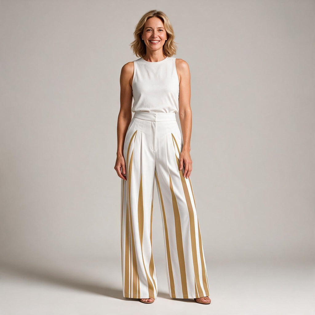 Cosima | Womens Wide Leg Trousers High Waisted Striped Dress Palazzo Pants - Gold