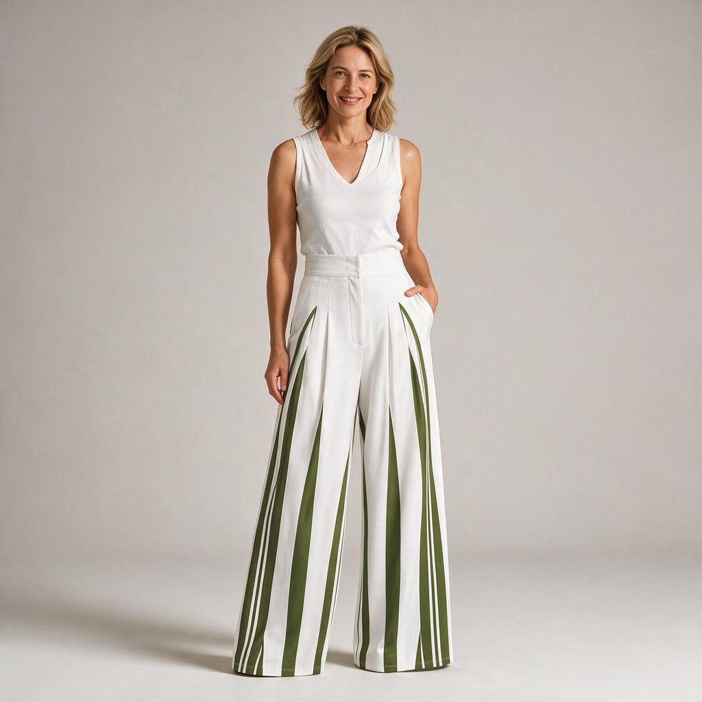 Cosima | Womens Wide Leg Trousers High Waisted Striped Dress Palazzo Pants - Green