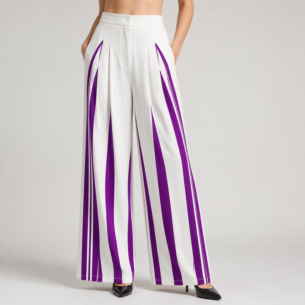 Cosima | Womens Wide Leg Trousers High Waisted Striped Dress Palazzo Pants, Purple