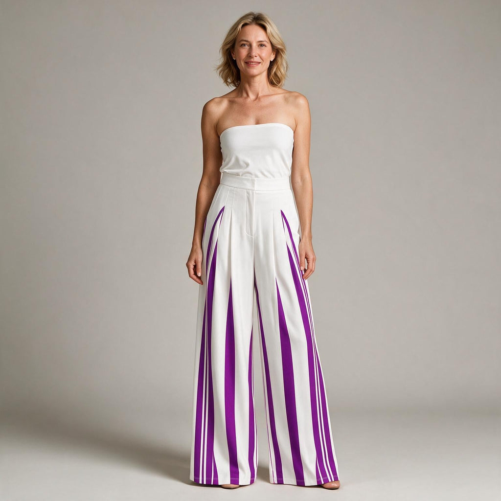 Cosima | Womens Wide Leg Trousers High Waisted Striped Dress Palazzo Pants - Purple