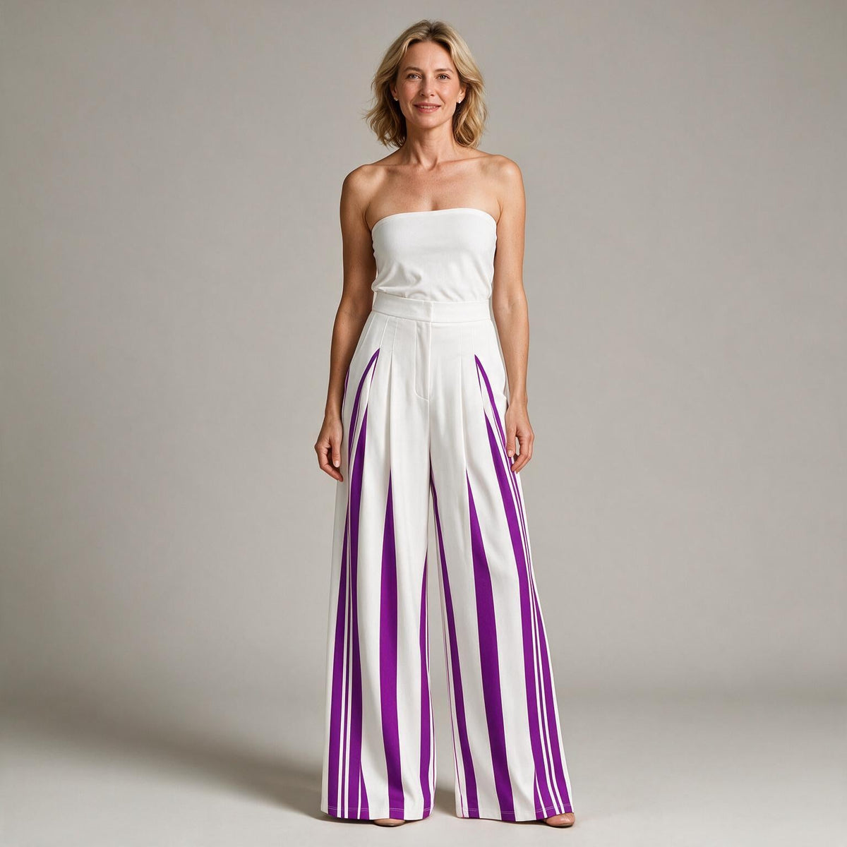 Cosima | Womens Wide Leg Trousers High Waisted Striped Dress Palazzo Pants - Purple