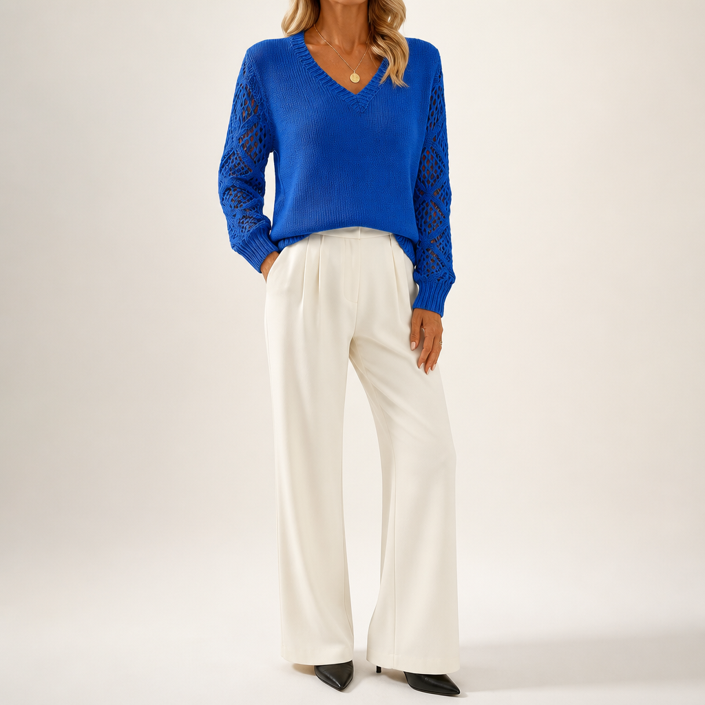 Daphne | Womens Crochet V Neck Knitted Jumper, Blue