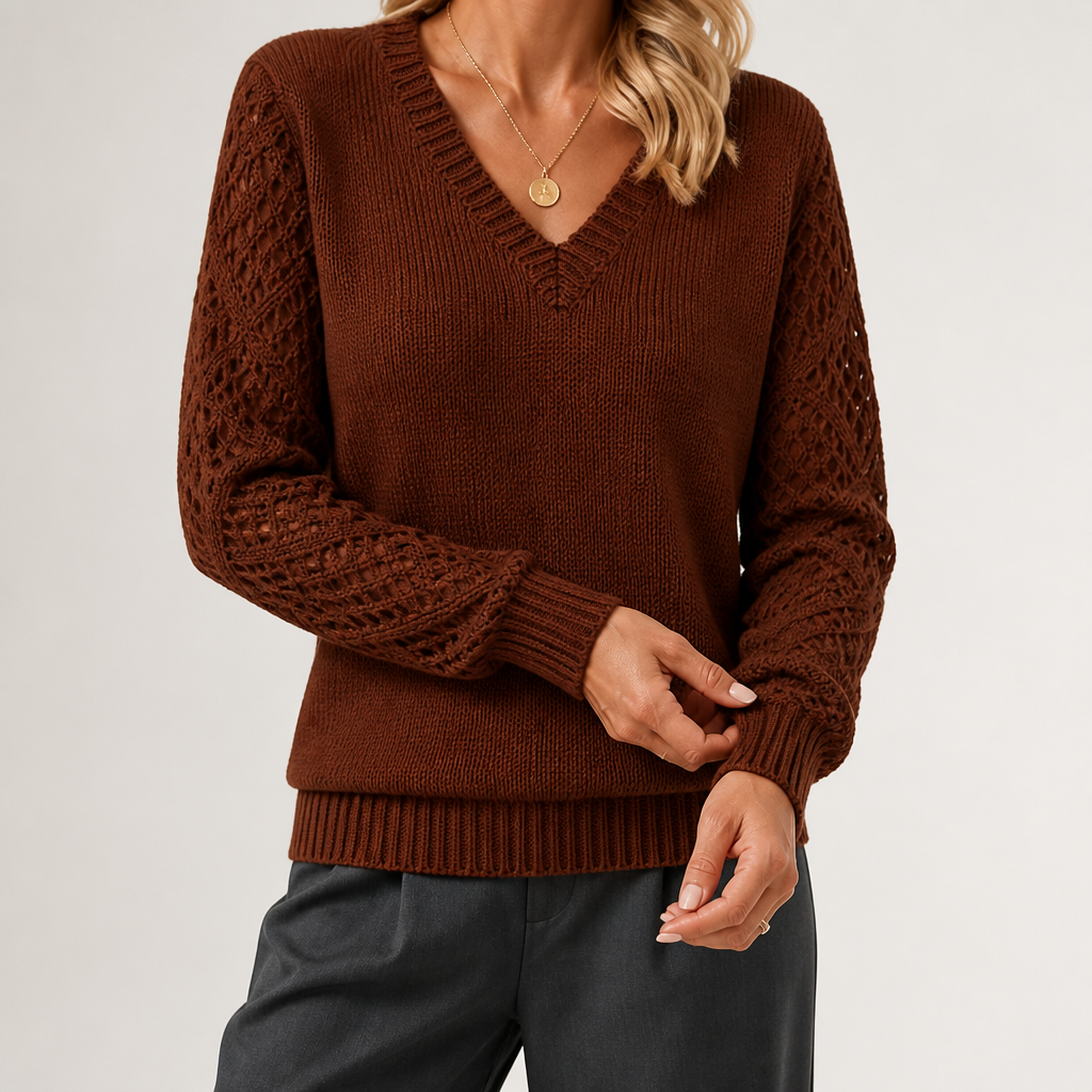 Daphne | Womens Crochet V Neck Knitted Jumper, Brown