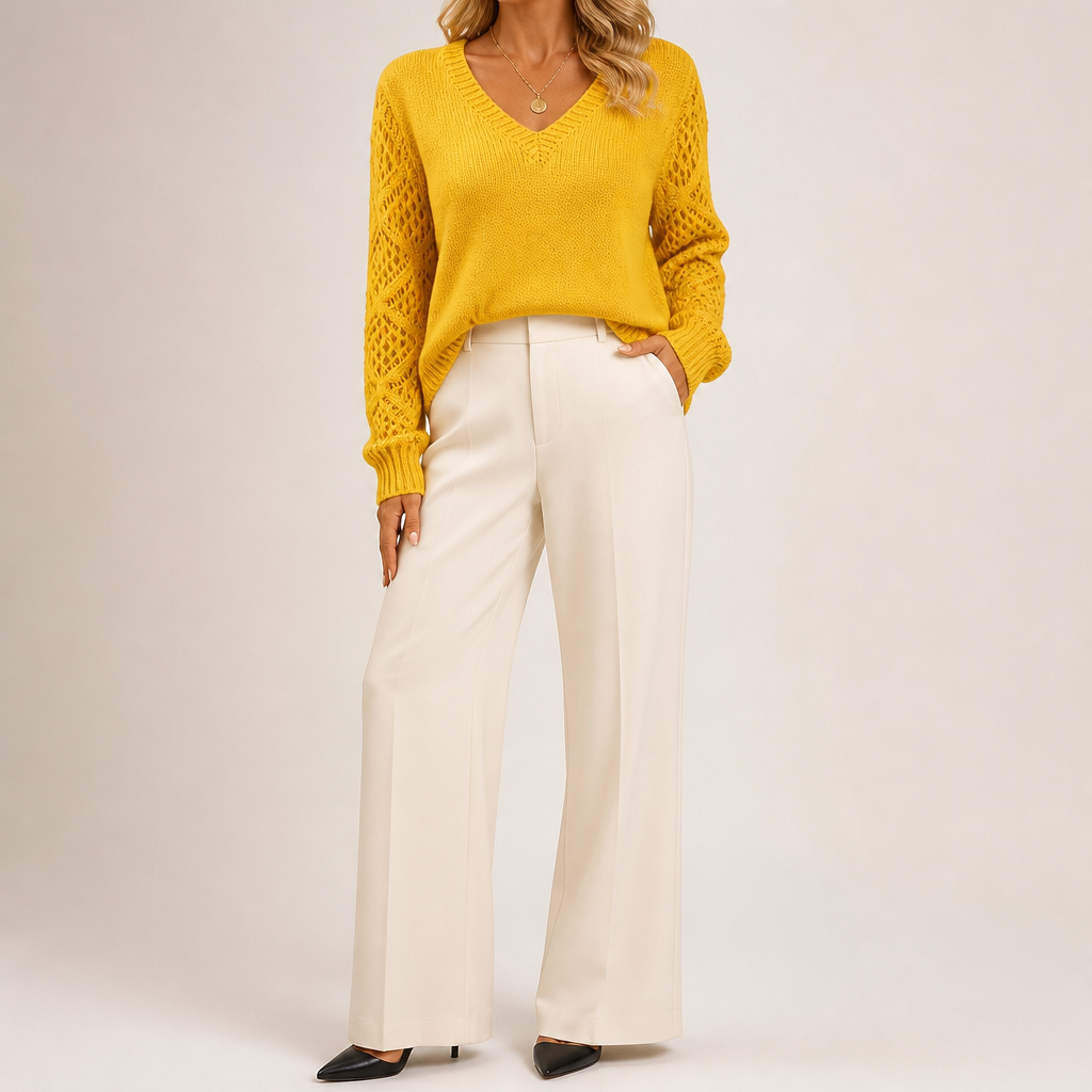 Daphne | Womens Crochet V Neck Knitted Jumper, Gold