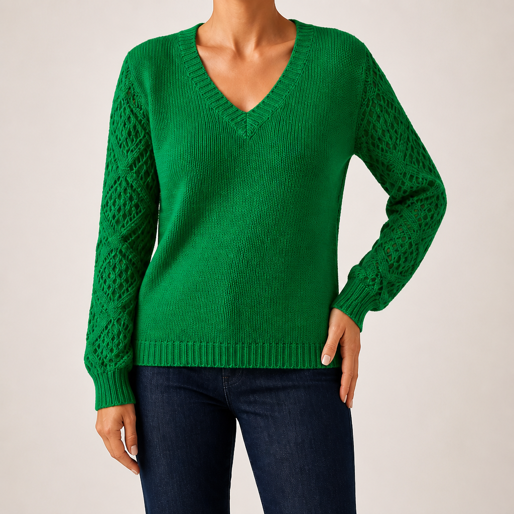 Daphne | Womens Crochet V Neck Knitted Jumper, Green
