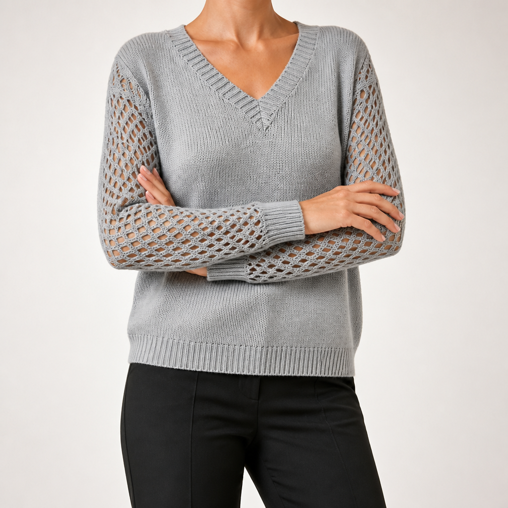 Daphne | Womens Crochet V Neck Knitted Jumper, Grey