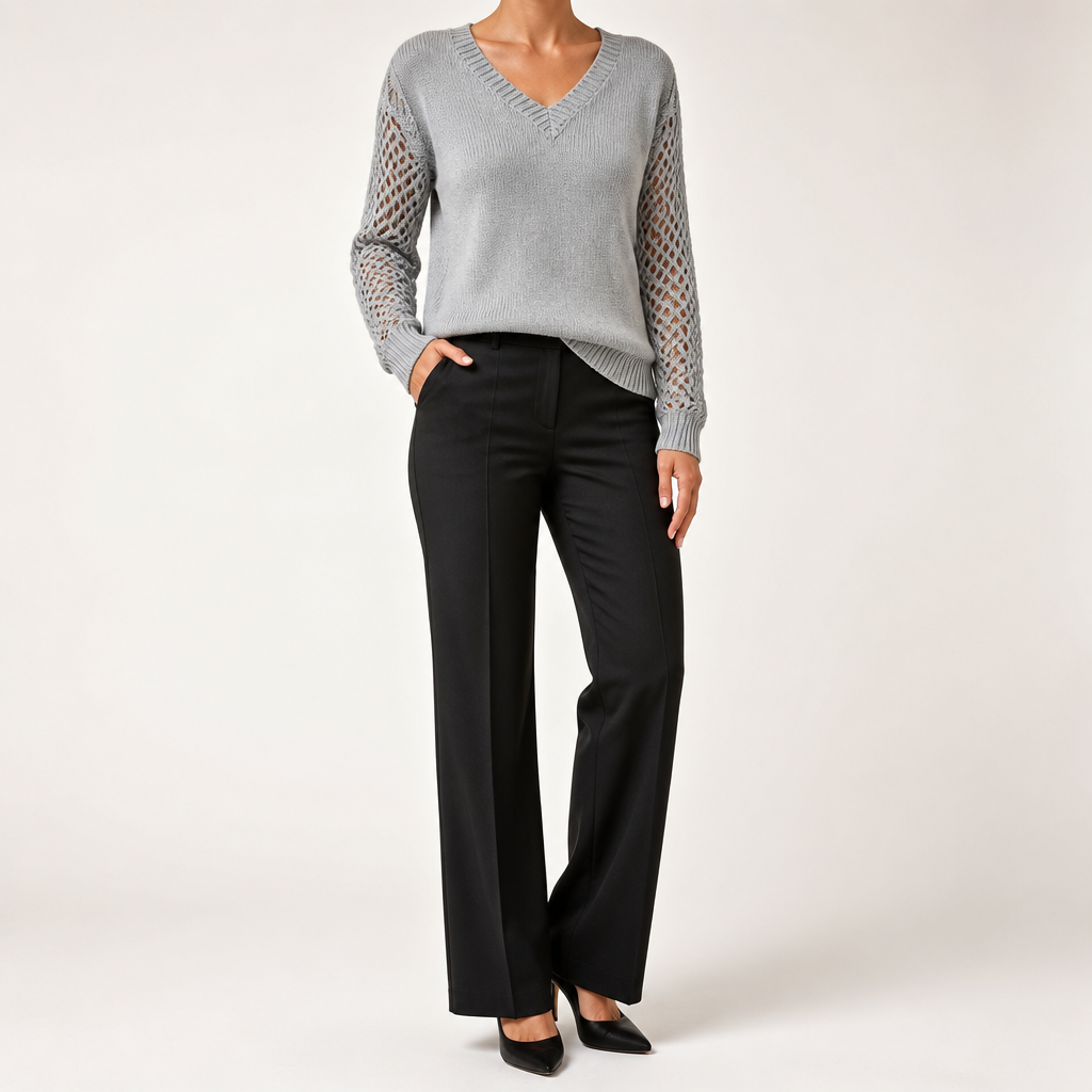Daphne | Womens Crochet V Neck Knitted Jumper, Grey
