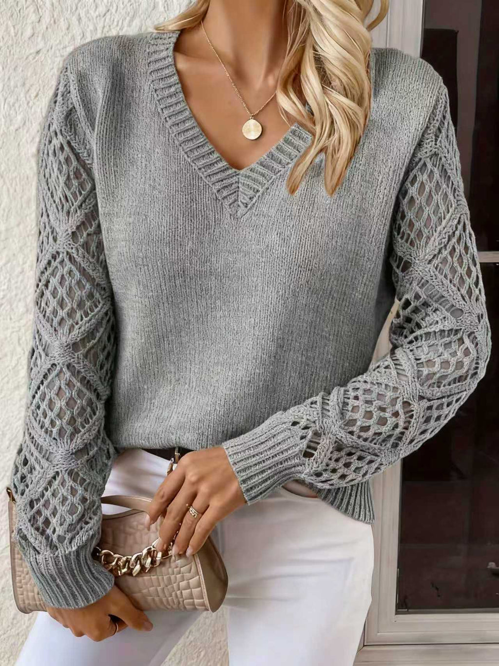 Daphne | Womens Crochet V Neck Knitted Jumper - Grey