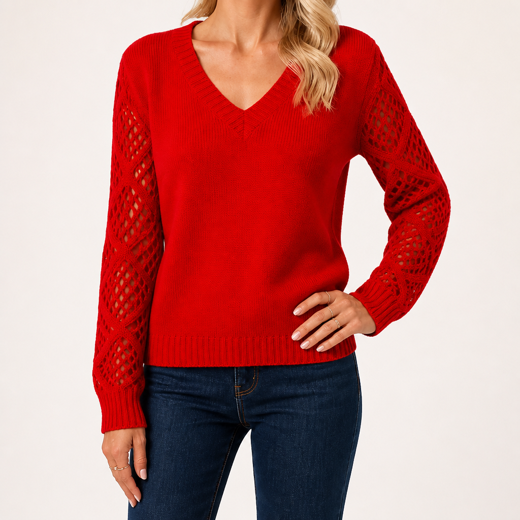 Daphne | Womens Crochet V Neck Knitted Jumper, Red