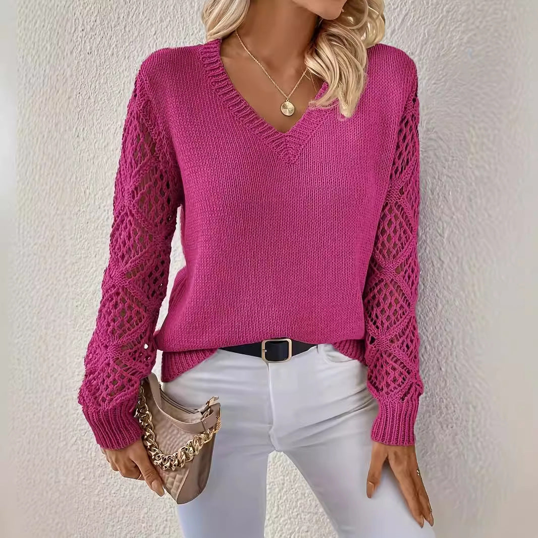 Daphne | Womens Crochet V Neck Knitted Jumper - Rose Red