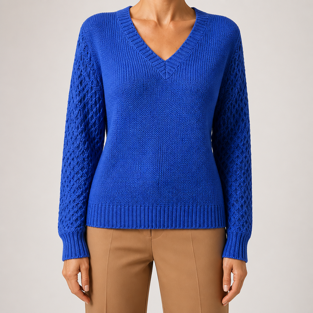Daphne | Womens Crochet V Neck Knitted Jumper, Royal Blue