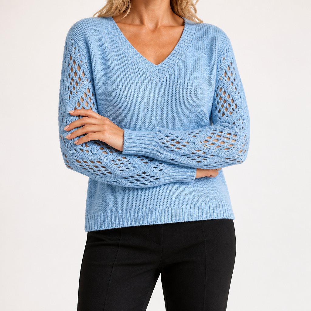 Daphne | Womens Crochet V Neck Knitted Jumper, Sky Blue
