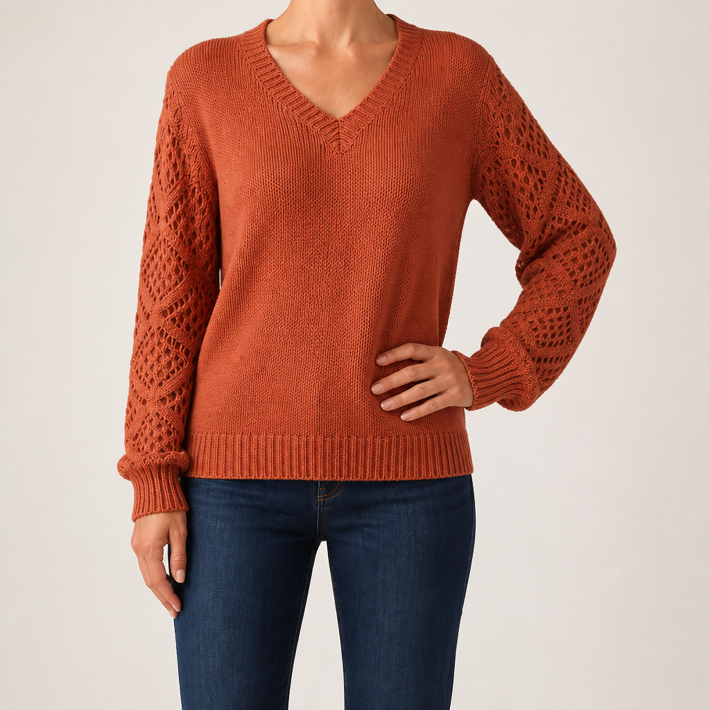 Daphne | Womens Crochet V Neck Knitted Jumper, Terracotta