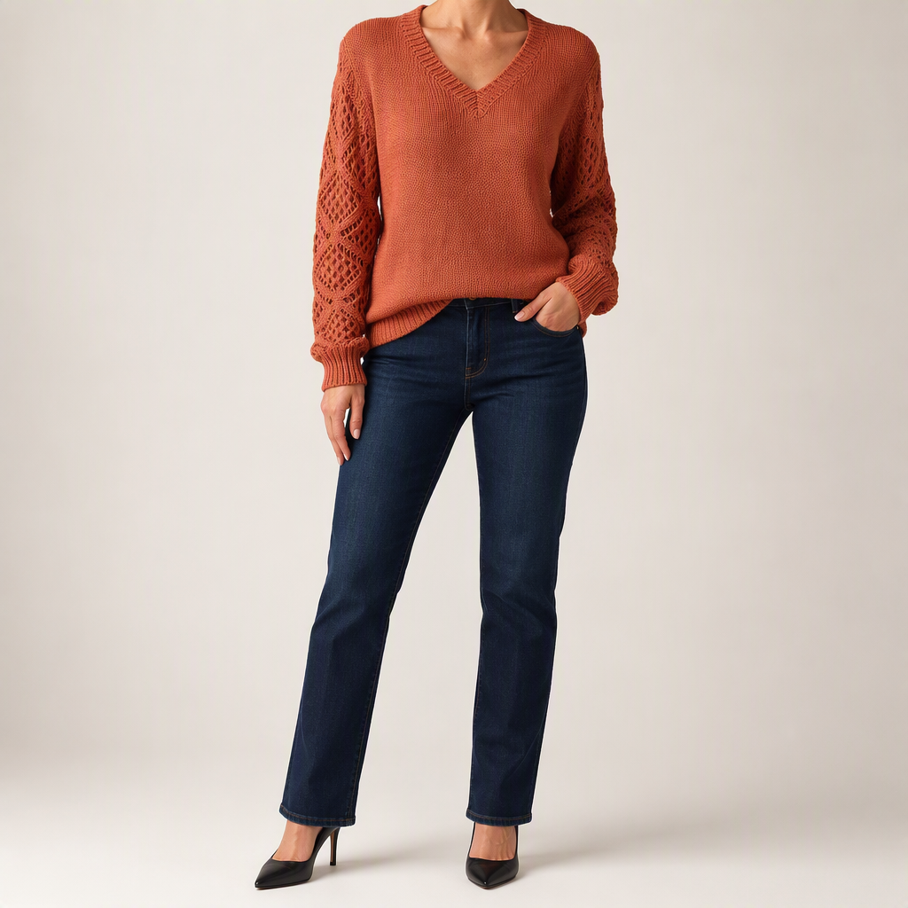 Daphne | Womens Crochet V Neck Knitted Jumper, Terracotta