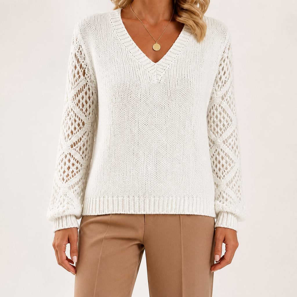 Daphne | Womens Crochet V Neck Knitted Jumper, White
