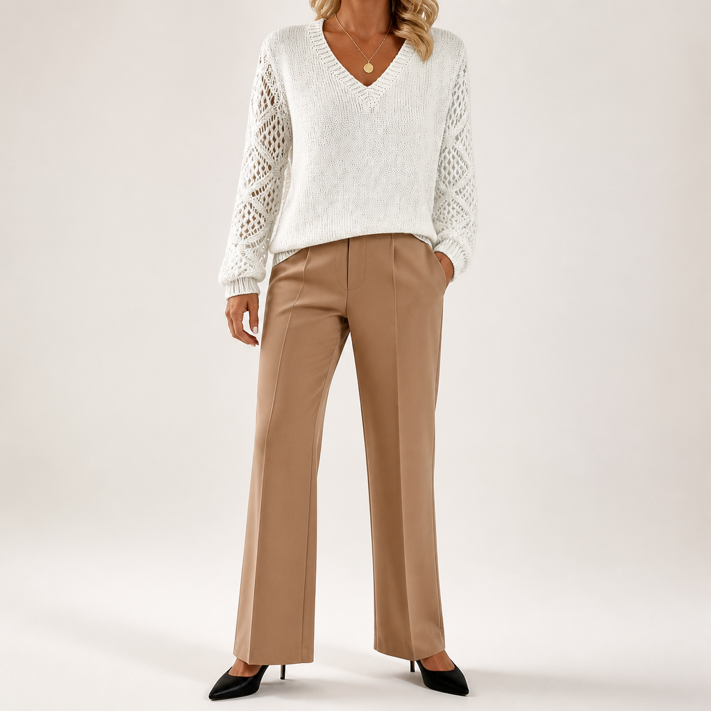 Daphne | Womens Crochet V Neck Knitted Jumper, White