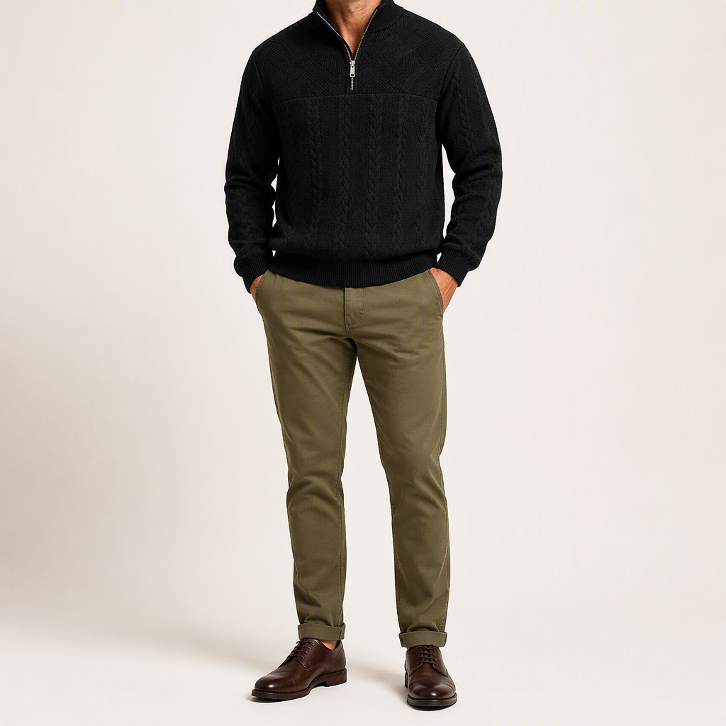 Dashiell | Mens Retro Casual Knitted Pullover Zip Shirt, Black
