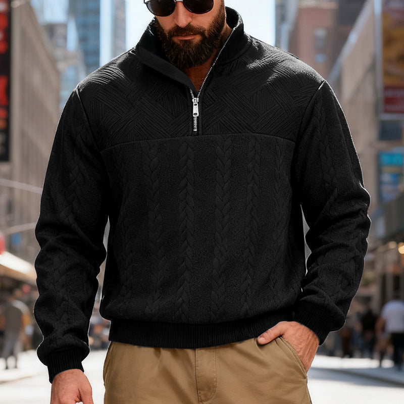 Dashiell | Mens Retro Casual Knitted Pullover Zip Shirt - Black